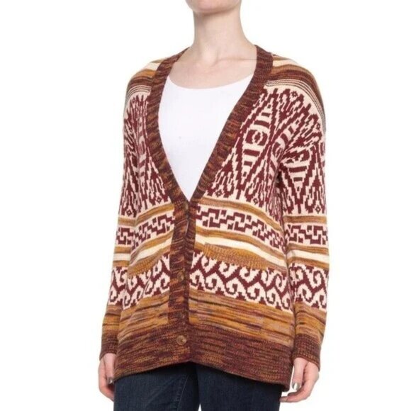 NEW Lucky Brand Boyfriend Cardigan Sweater Red Jacquard Southwestern Size Large - Picture 1 of 9